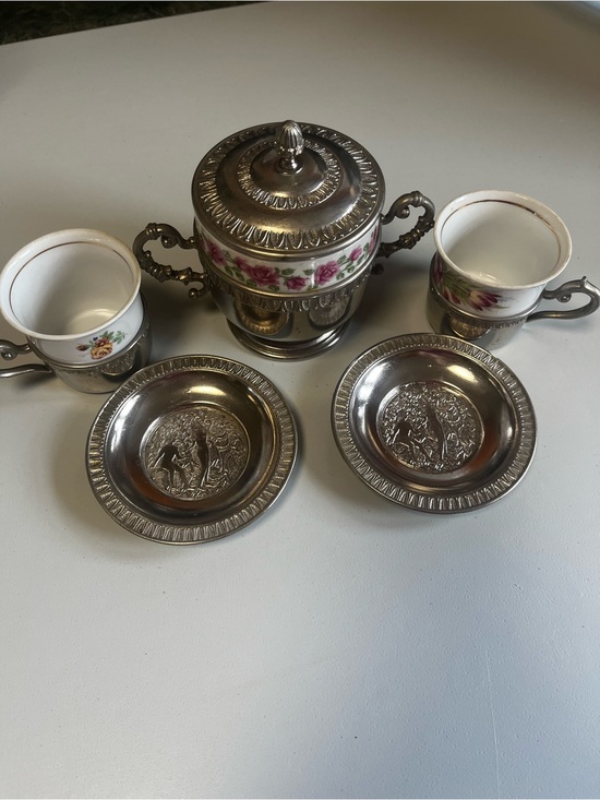 Zajecar Other - Vintage Zajecar Italy EP Zinc Art Style Porcelain & Pewter Espresso Cups Sugar